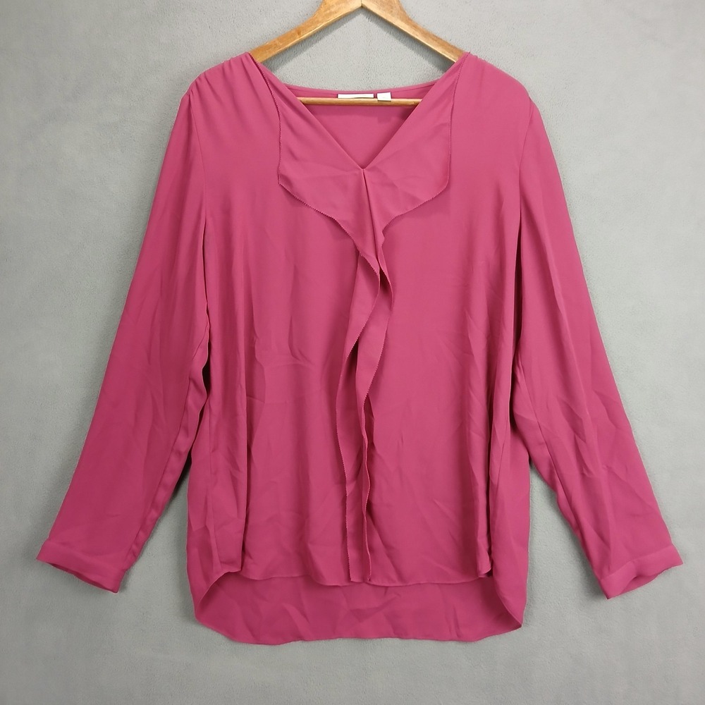 Halogen Blouse Top Womens Large Pink V Neck Pleated Ruffle Front Hi Low‎ Hem